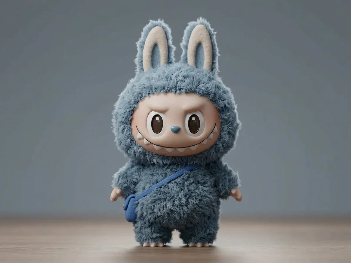 Dusty blue furry plush monster doll, mischievous teeth, professional lighting